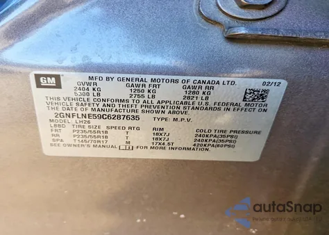 2012 Chevrolet Equinox Lt z USA, uszkodzony, nr VIN 2GNFLNE59C6287635